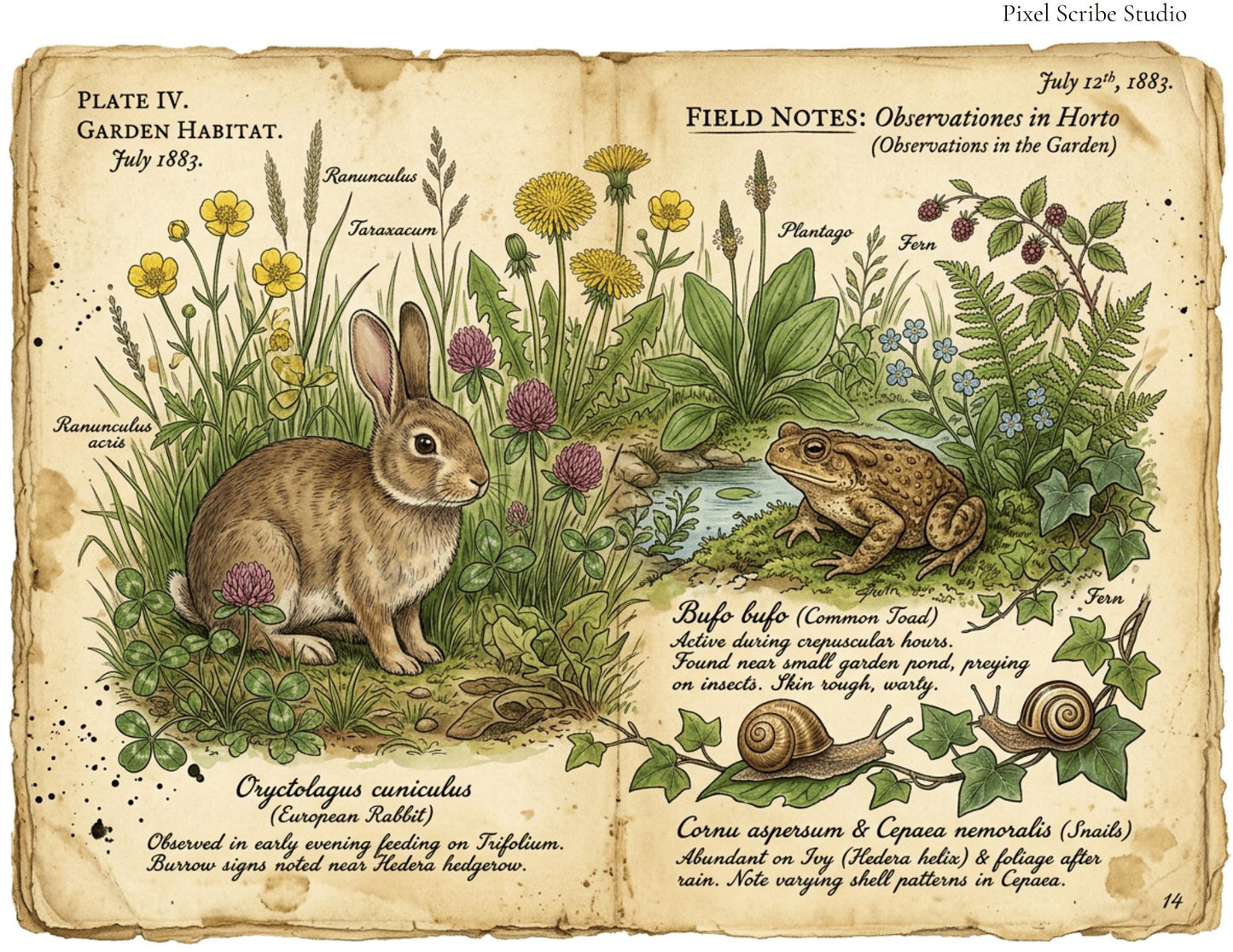 Vintage Botanical Bird Journal Pages Printable Kit, Nature Journal Pages, Rabbit Frog Snail Printable, Cottagecore Digital Download