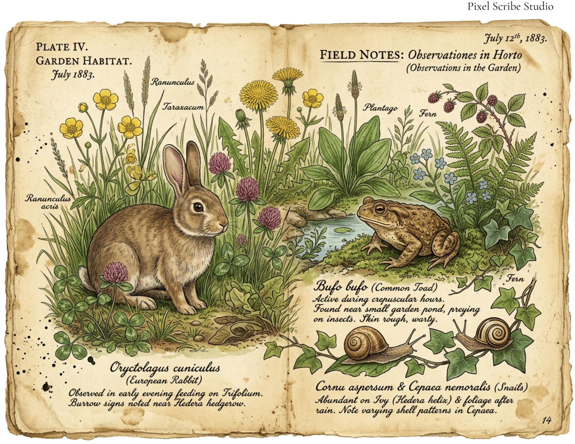 Vintage Botanical Bird Journal Pages Printable Kit, Nature Journal Pages, Rabbit Frog Snail Printable, Cottagecore Digital Download