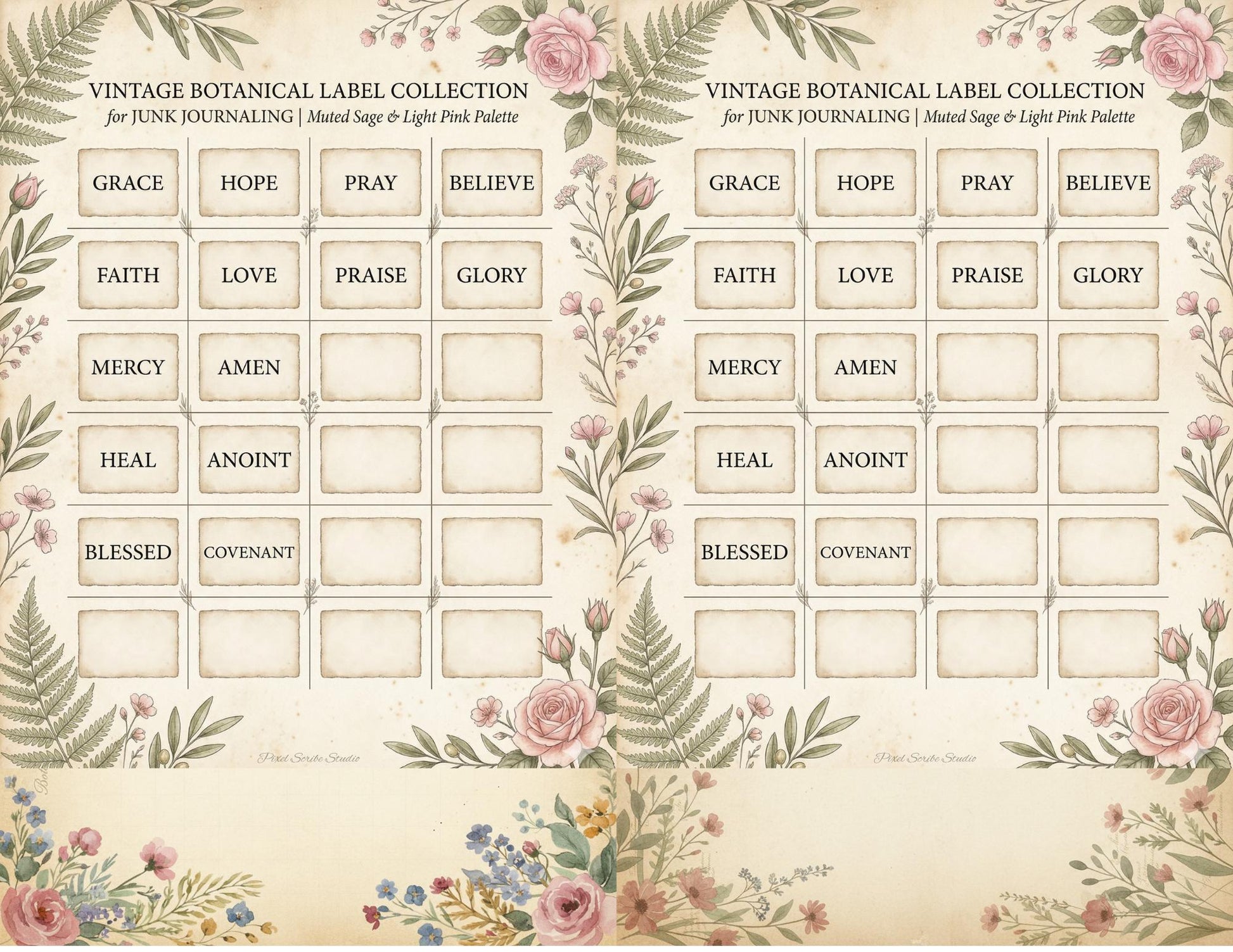 Whispering Garden Printable Junk Journal Kit | 7 Pages | 200+ Botanical Labels Tags Envelopes Ephemera