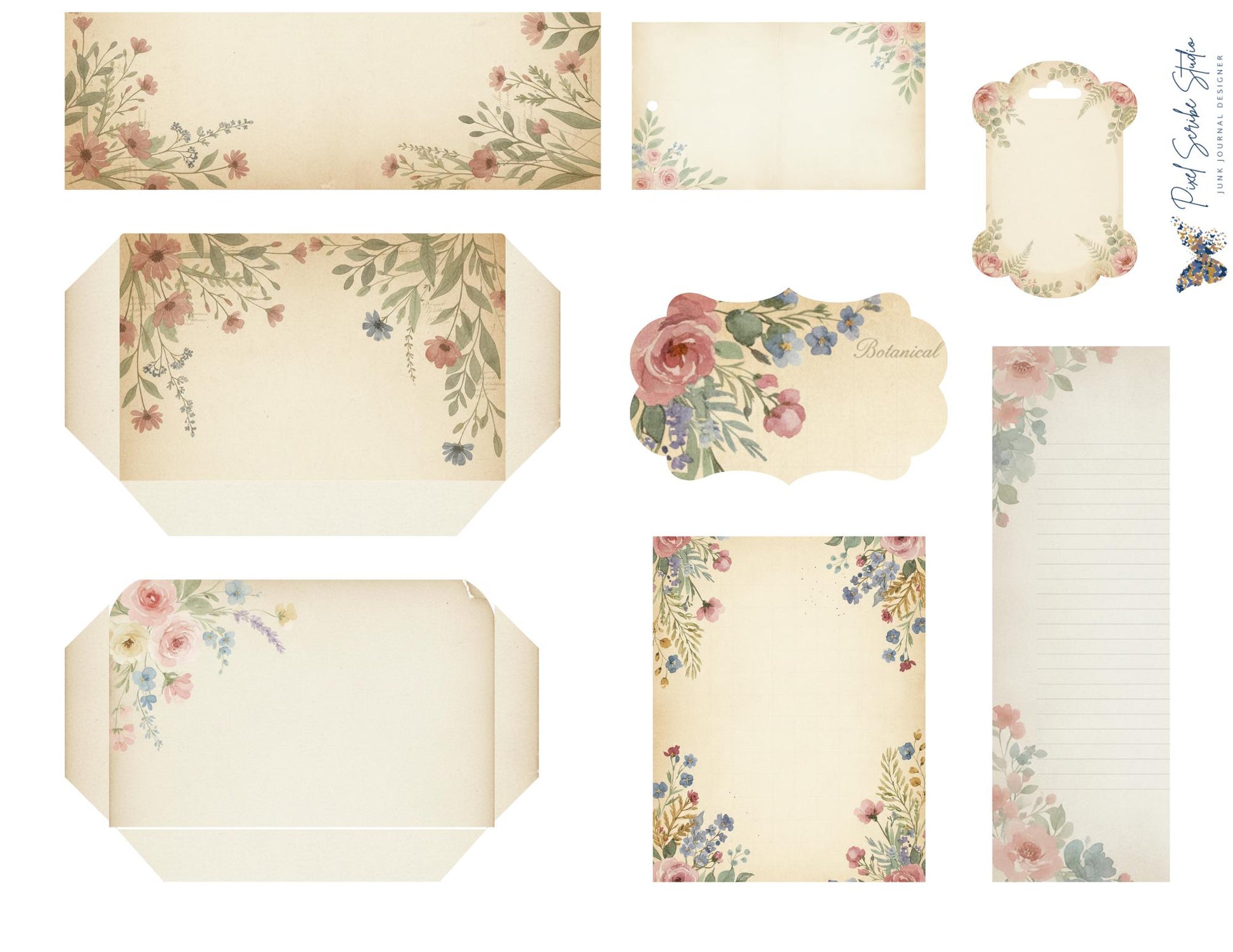 Whispering Garden Printable Junk Journal Kit | 7 Pages | 200+ Botanical Labels Tags Envelopes Ephemera