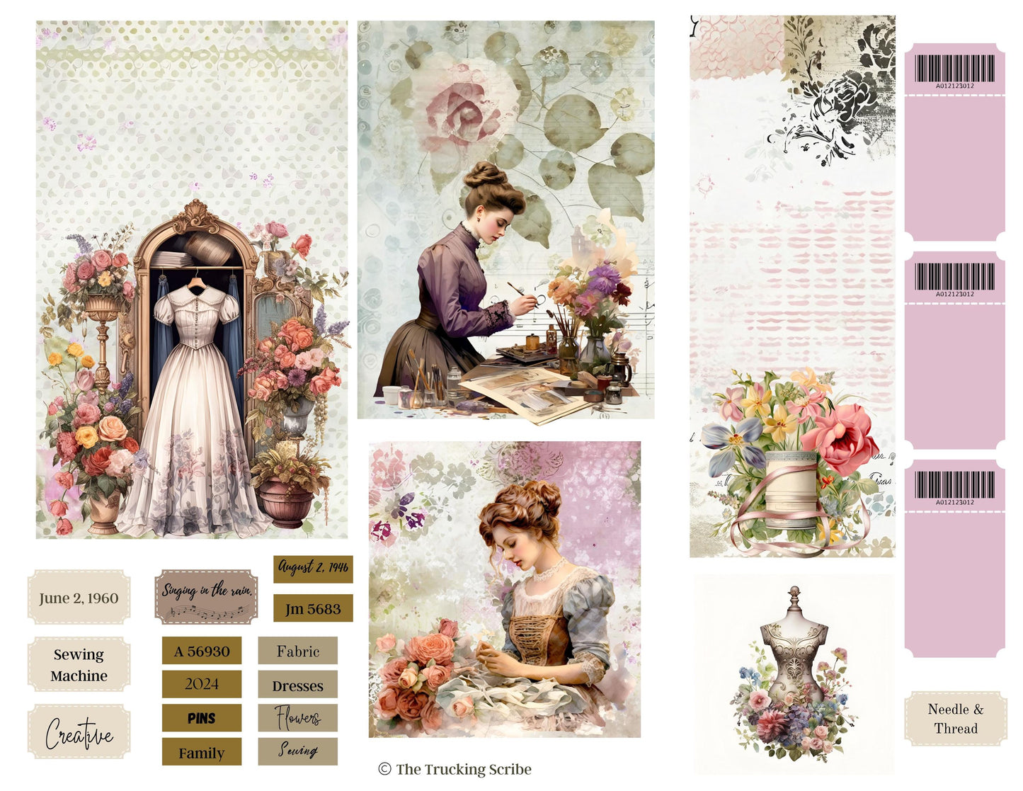 Seamstress’s Diary Folio Kit | 8 Page Printable Junk Journal Kit | Vintage Sewing Ephemera | Tags, Pockets Labels