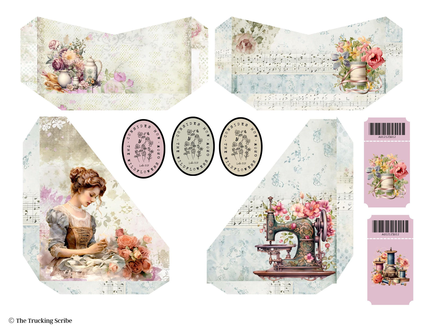 Seamstress’s Diary Folio Kit | 8 Page Printable Junk Journal Kit | Vintage Sewing Ephemera | Tags, Pockets Labels