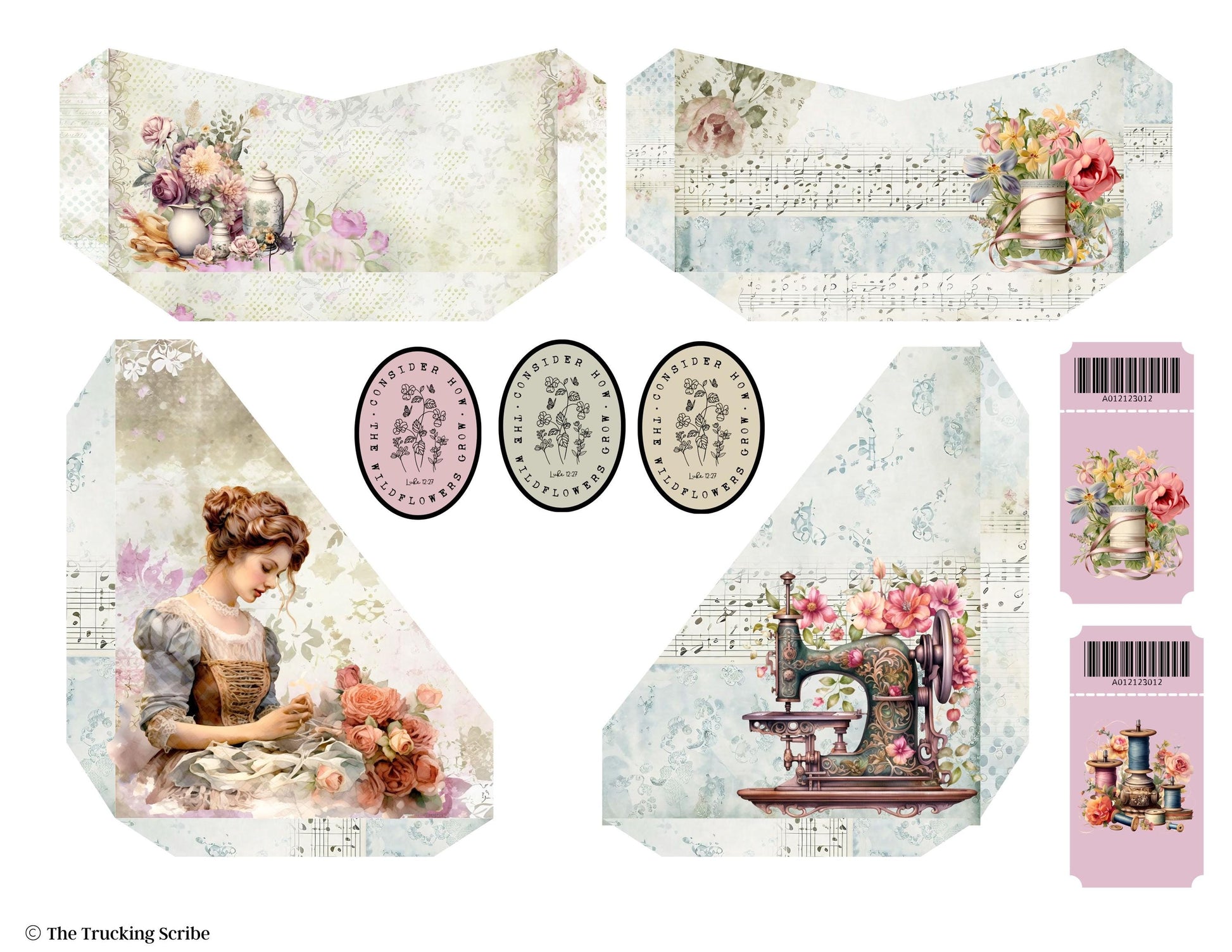 Seamstress’s Diary Folio Kit | 8 Page Printable Junk Journal Kit | Vintage Sewing Ephemera | Tags, Pockets Labels