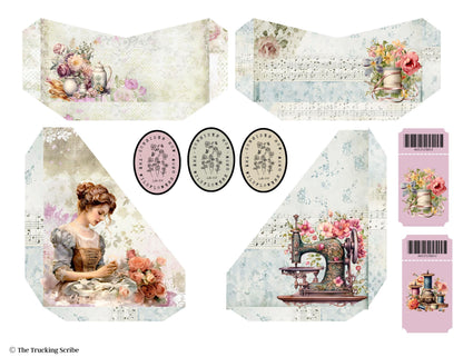 Seamstress’s Diary Folio Kit | 8 Page Printable Junk Journal Kit | Vintage Sewing Ephemera | Tags, Pockets Labels
