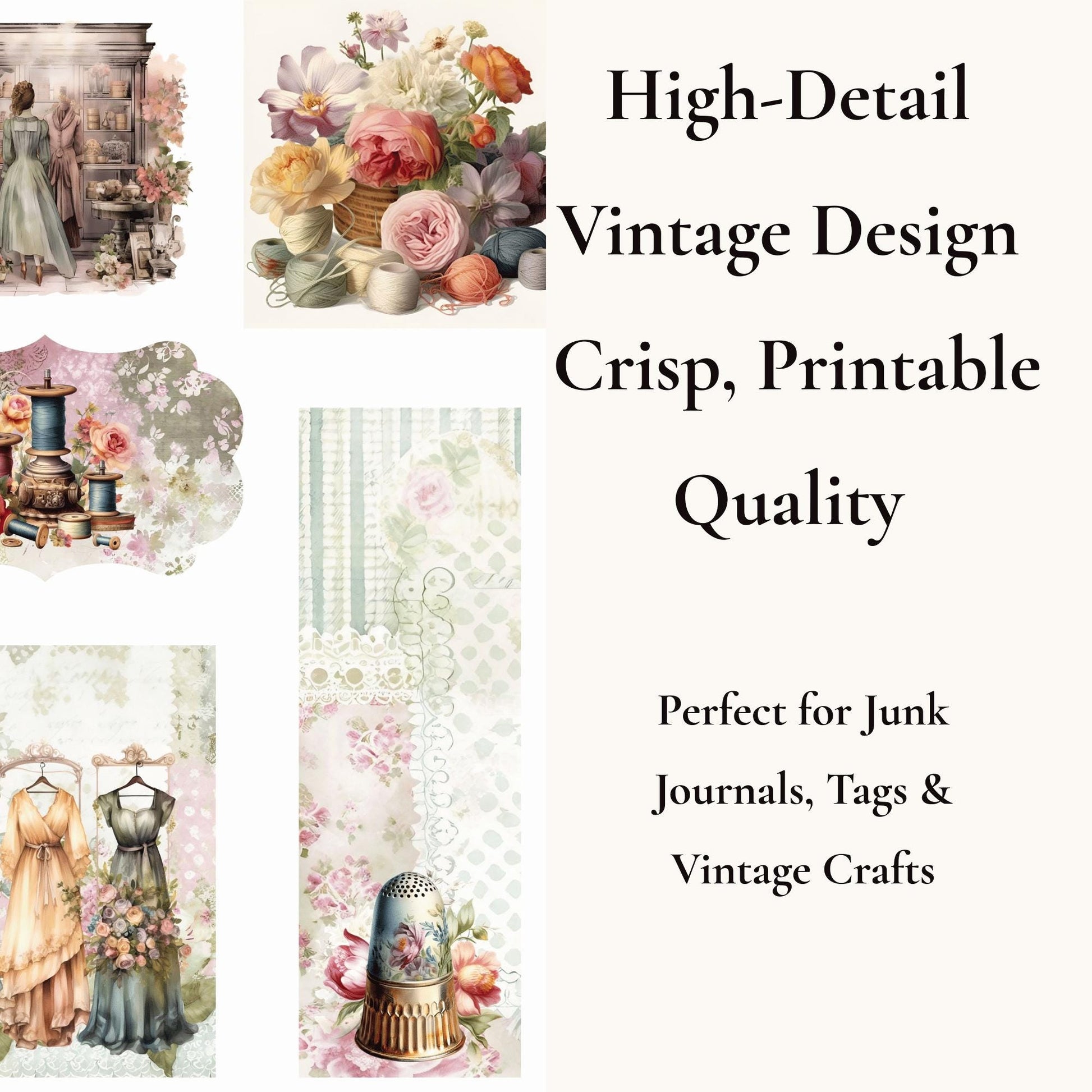 Seamstress’s Diary Folio Kit | 8 Page Printable Junk Journal Kit | Vintage Sewing Ephemera | Tags, Pockets Labels