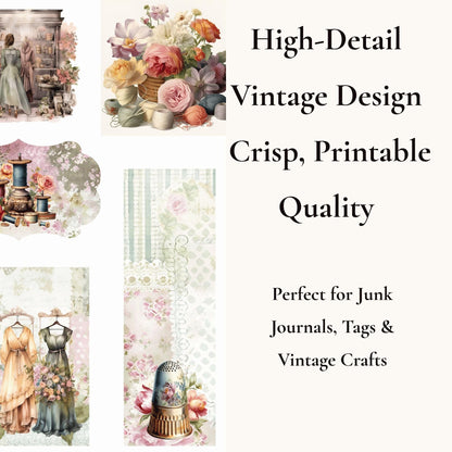 Seamstress’s Diary Folio Kit | 8 Page Printable Junk Journal Kit | Vintage Sewing Ephemera | Tags, Pockets Labels