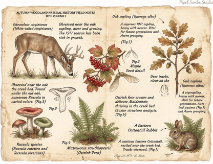 Autumn Woodland Natural History Field Notes Printable Journal Kit | 1971 Vol. I Vintage Woodland Pages