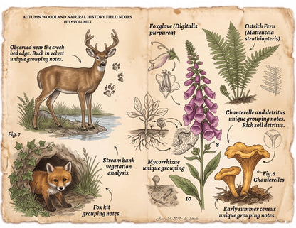 Autumn Woodland Natural History Field Notes Printable Journal Kit | 1971 Vol. I Vintage Woodland Pages