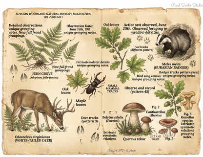 Autumn Woodland Natural History Field Notes Printable Journal Kit | 1971 Vol. I Vintage Woodland Pages