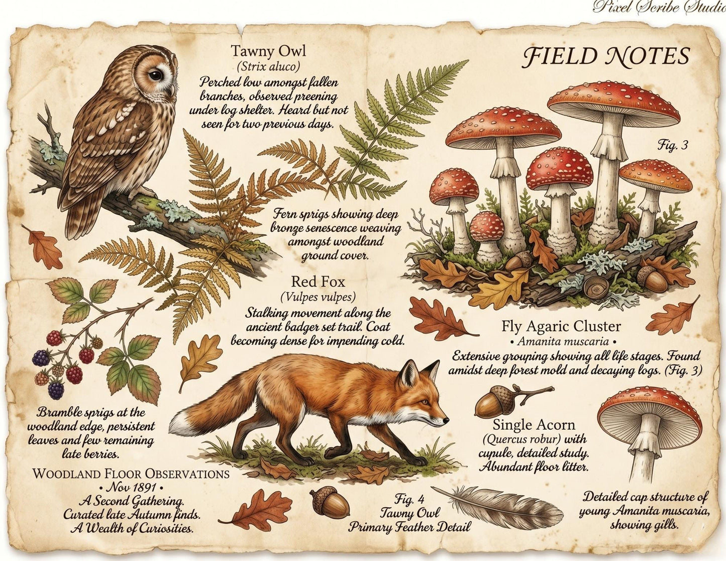 Hedgerow Field Notes Vol 2 Printable Junk Journal Kit, Woodland Nature Pages, Vintage Naturalist Ephemera, Forest Journal Pages