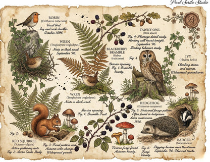Hedgerow Field Notes Vol 2 Printable Junk Journal Kit, Woodland Nature Pages, Vintage Naturalist Ephemera, Forest Journal Pages
