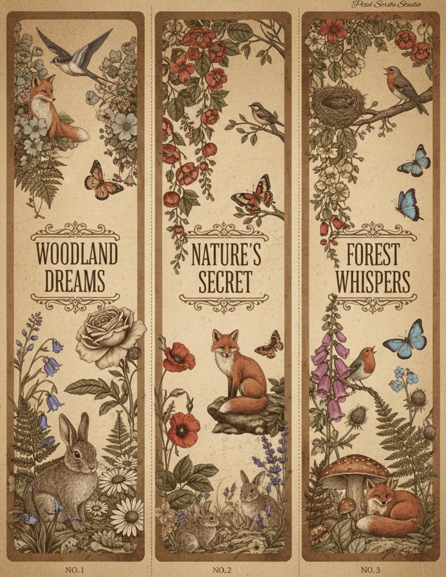 Woodland Archives Printable Ephemera Kit | Vintage Forest Junk Journal Bundle | Woodland Animals Tags Tickets Cards Bookmarks Pillow Box