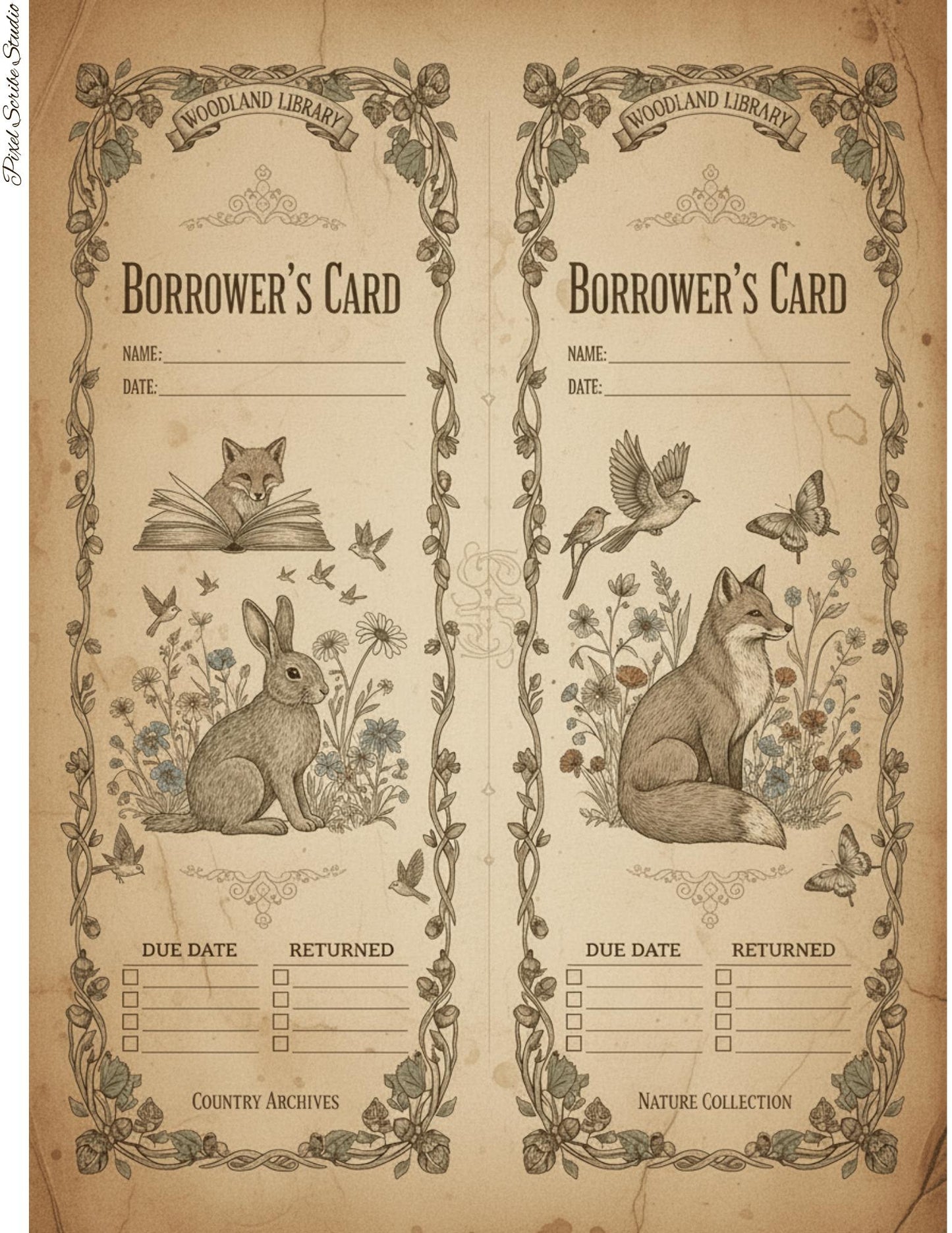 Woodland Archives Printable Ephemera Kit | Vintage Forest Junk Journal Bundle | Woodland Animals Tags Tickets Cards Bookmarks Pillow Box