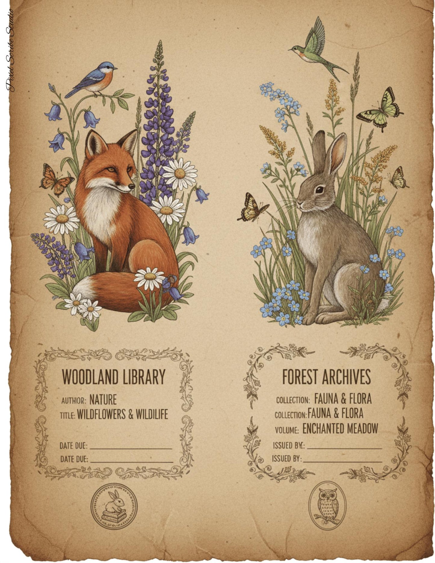 Woodland Archives Printable Ephemera Kit | Vintage Forest Junk Journal Bundle | Woodland Animals Tags Tickets Cards Bookmarks Pillow Box