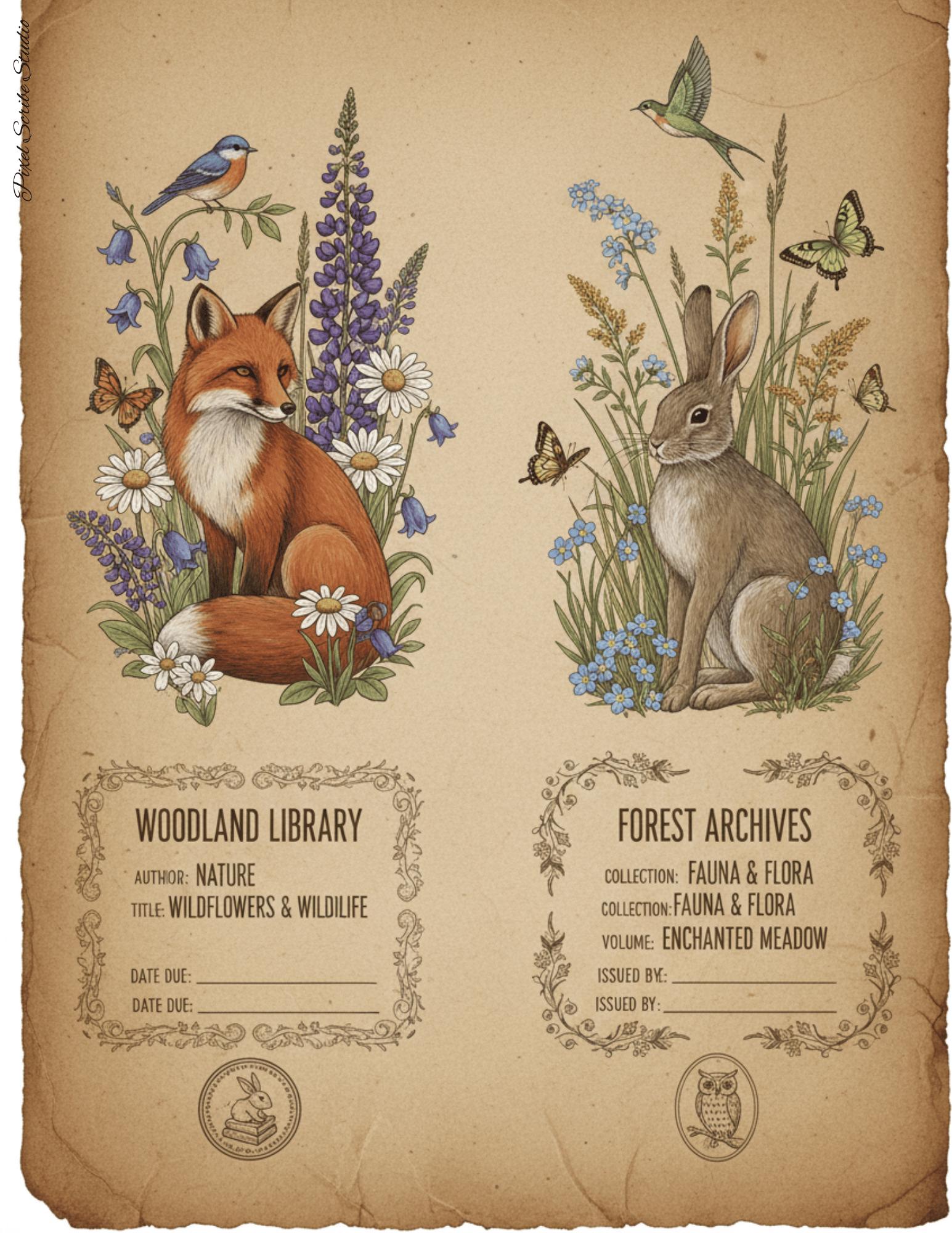 Woodland Archives Printable Ephemera Kit | Vintage Forest Junk Journal Bundle | Woodland Animals Tags Tickets Cards Bookmarks Pillow Box