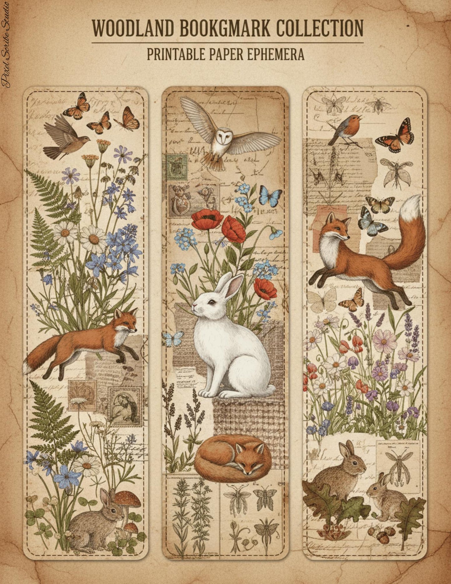 Woodland Archives Printable Ephemera Kit | Vintage Forest Junk Journal Bundle | Woodland Animals Tags Tickets Cards Bookmarks Pillow Box