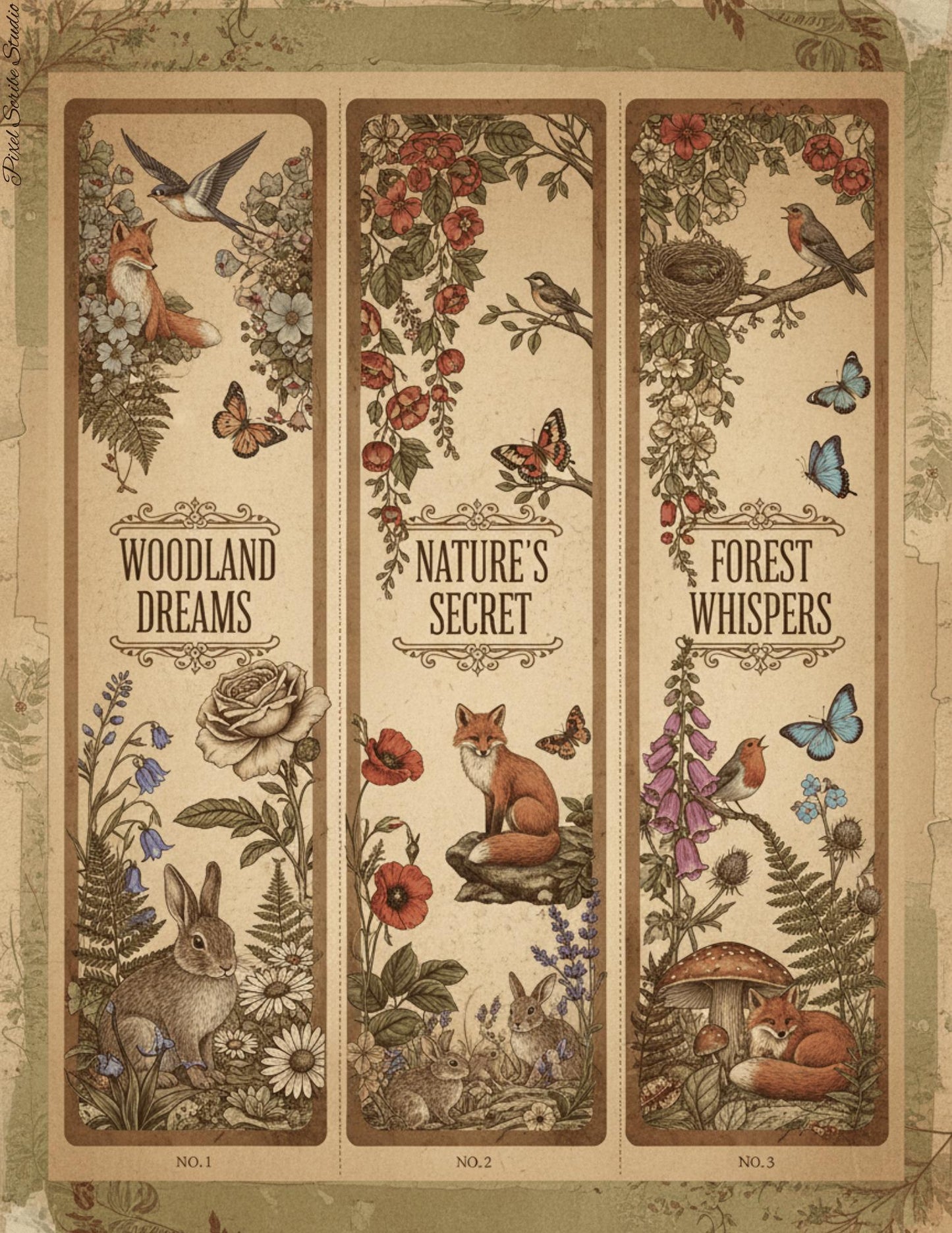 Woodland Archives Printable Ephemera Kit | Vintage Forest Junk Journal Bundle | Woodland Animals Tags Tickets Cards Bookmarks Pillow Box