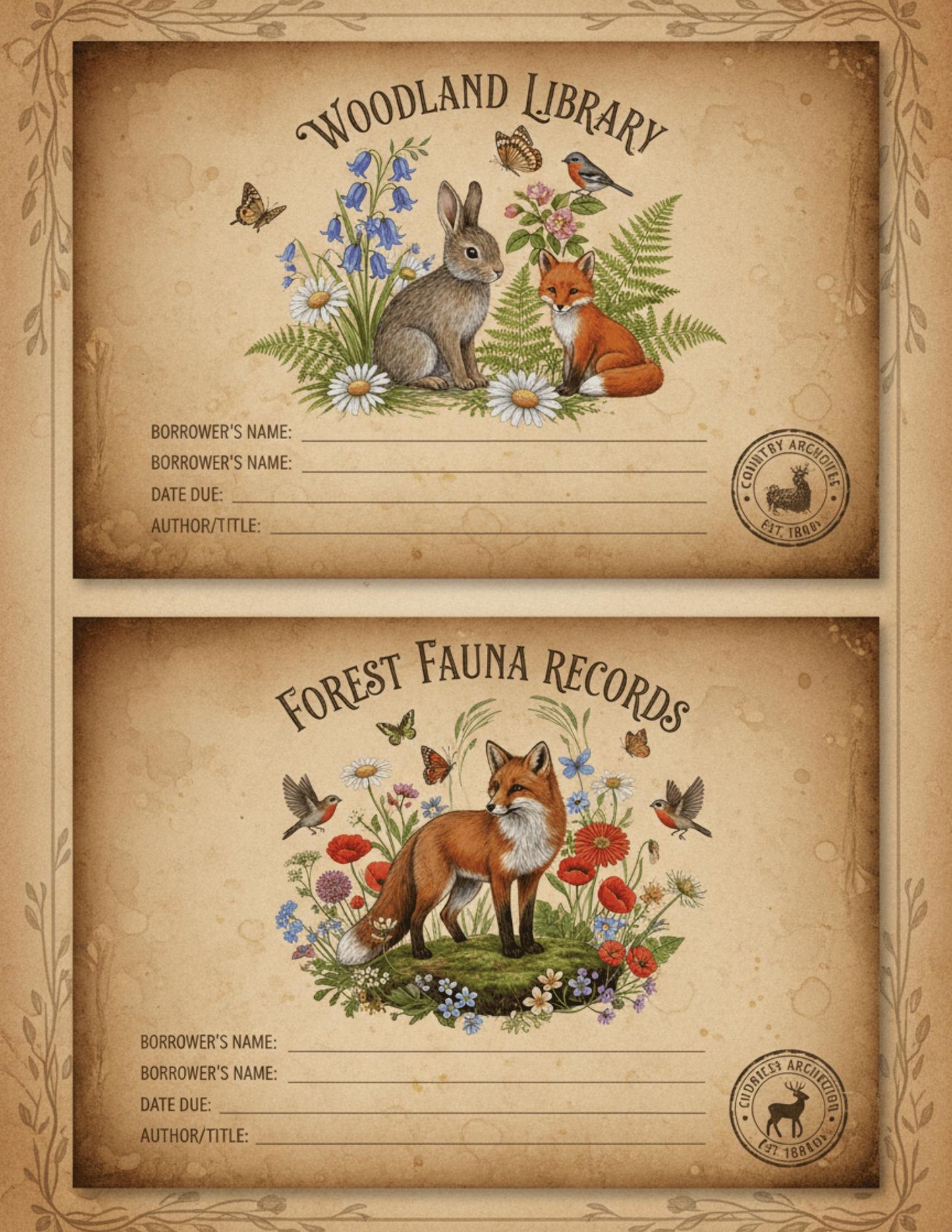 Woodland Archives Printable Ephemera Kit | Vintage Forest Junk Journal Bundle | Woodland Animals Tags Tickets Cards Bookmarks Pillow Box