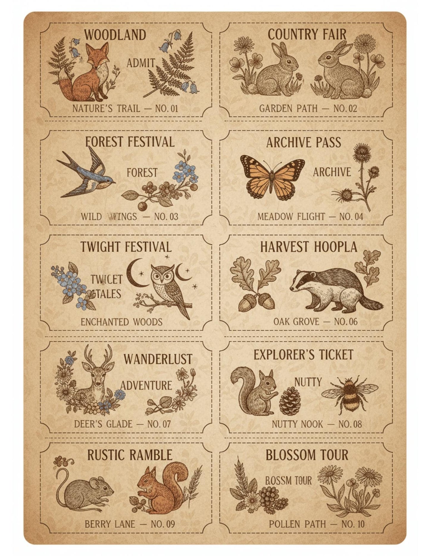 Woodland Archives Printable Ephemera Kit | Vintage Forest Junk Journal Bundle | Woodland Animals Tags Tickets Cards Bookmarks Pillow Box