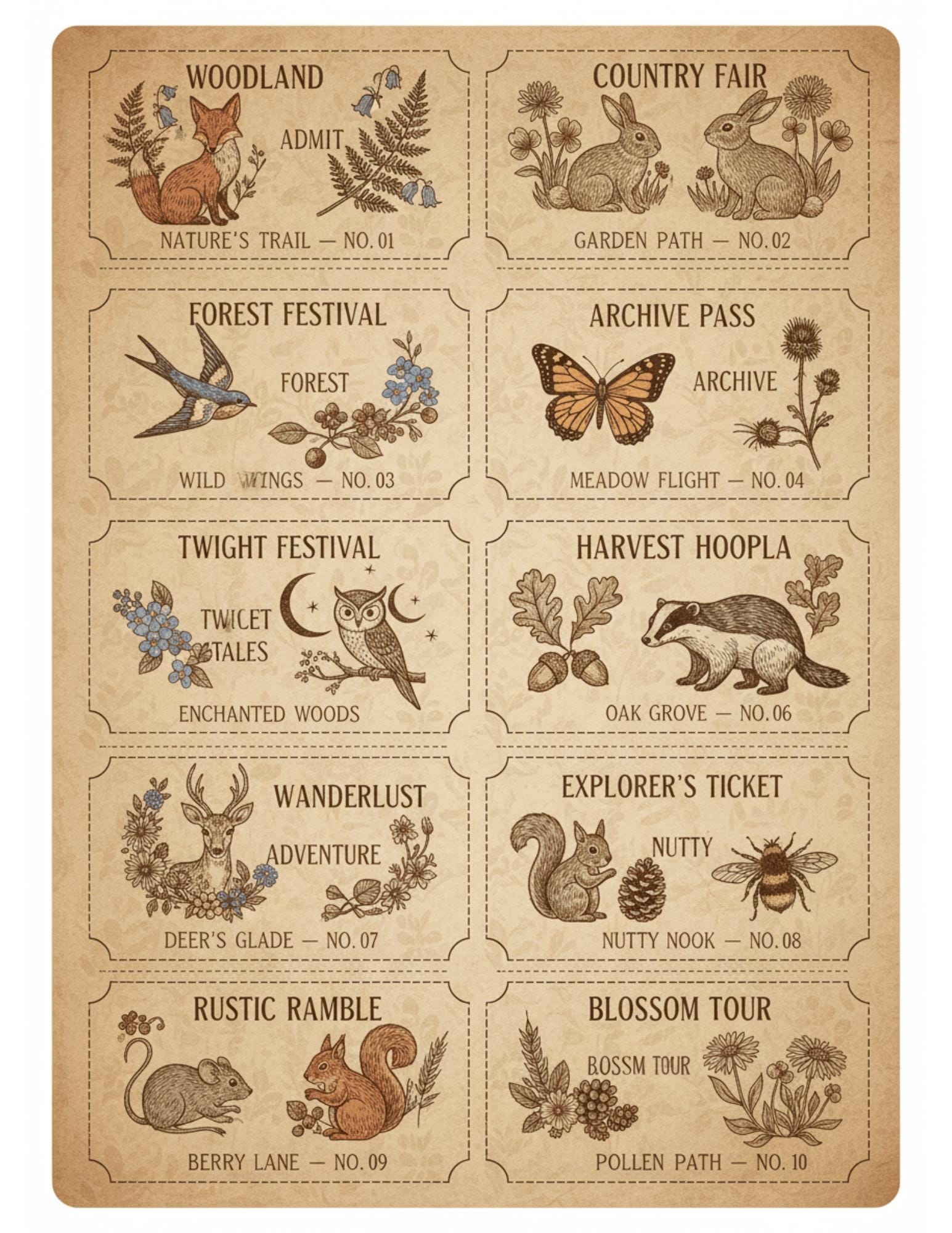 Woodland Archives Printable Ephemera Kit | Vintage Forest Junk Journal Bundle | Woodland Animals Tags Tickets Cards Bookmarks Pillow Box