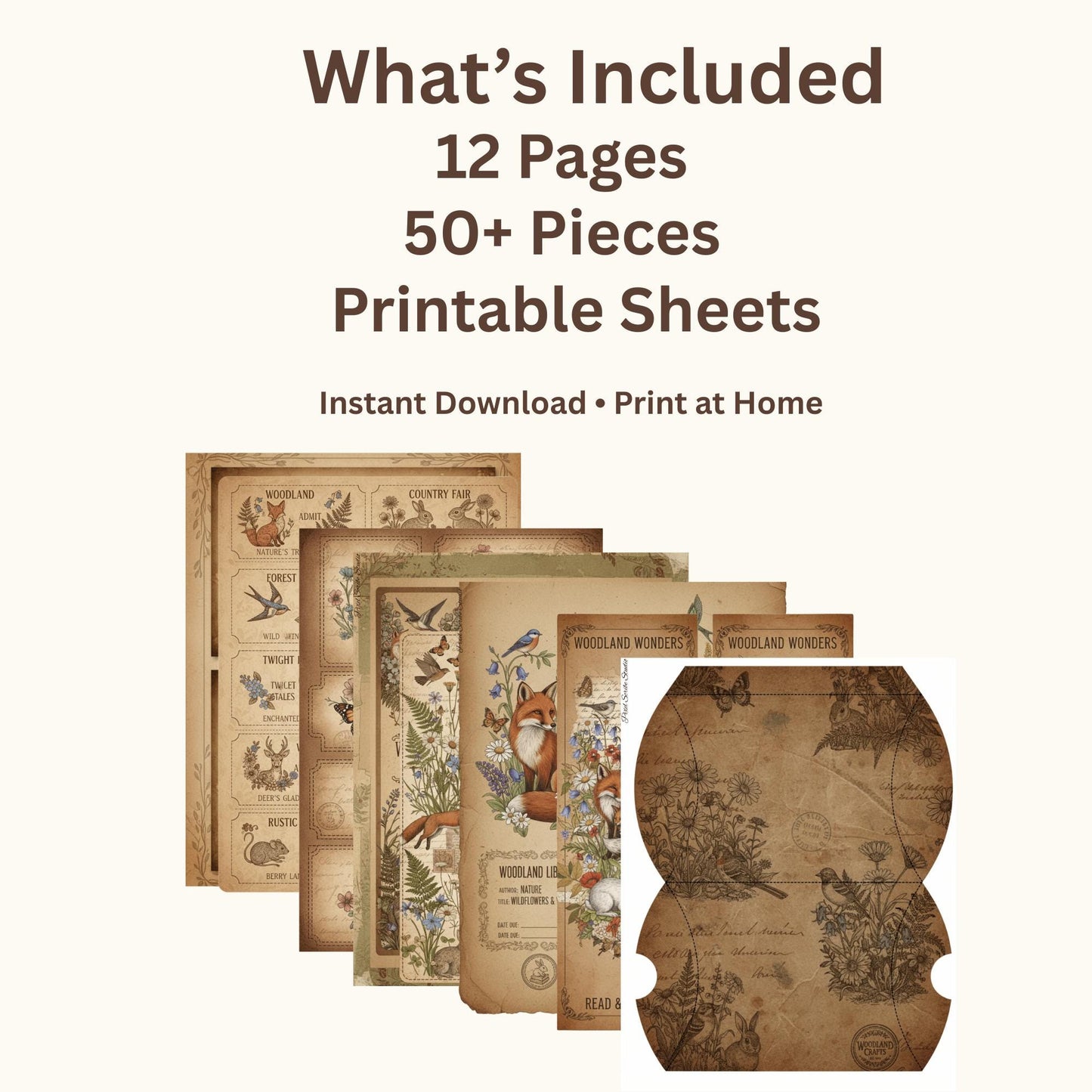 Woodland Archives Printable Ephemera Kit | Vintage Forest Junk Journal Bundle | Woodland Animals Tags Tickets Cards Bookmarks Pillow Box