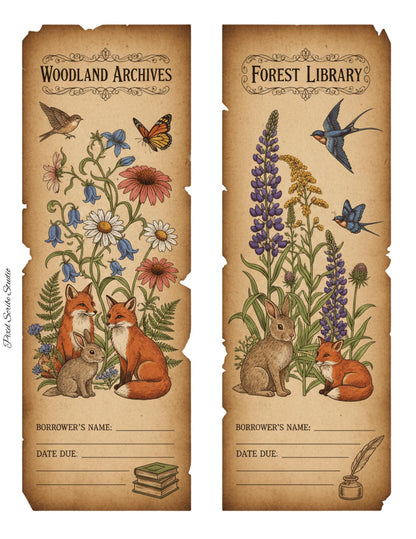 Woodland Journal Printable Kit | Vintage Forest Ephemera Set | Junk Journal Cards Tags Bookmarks Library Cards