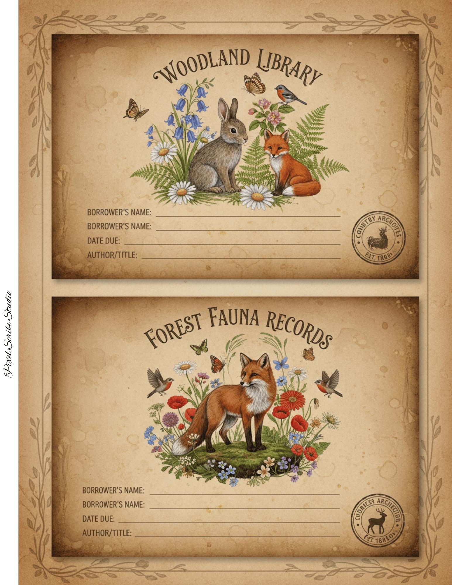 Woodland Journal Printable Kit | Vintage Forest Ephemera Set | Junk Journal Cards Tags Bookmarks Library Cards