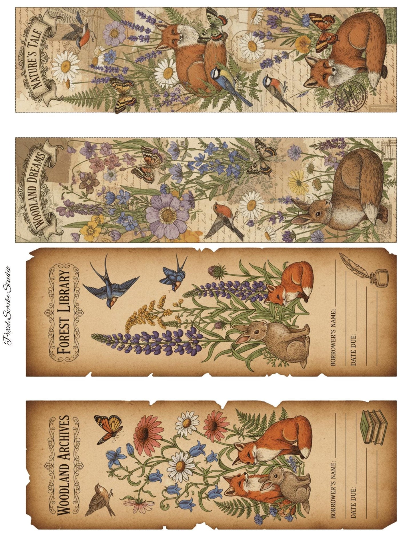 Woodland Journal Printable Kit | Vintage Forest Ephemera Set | Junk Journal Cards Tags Bookmarks Library Cards