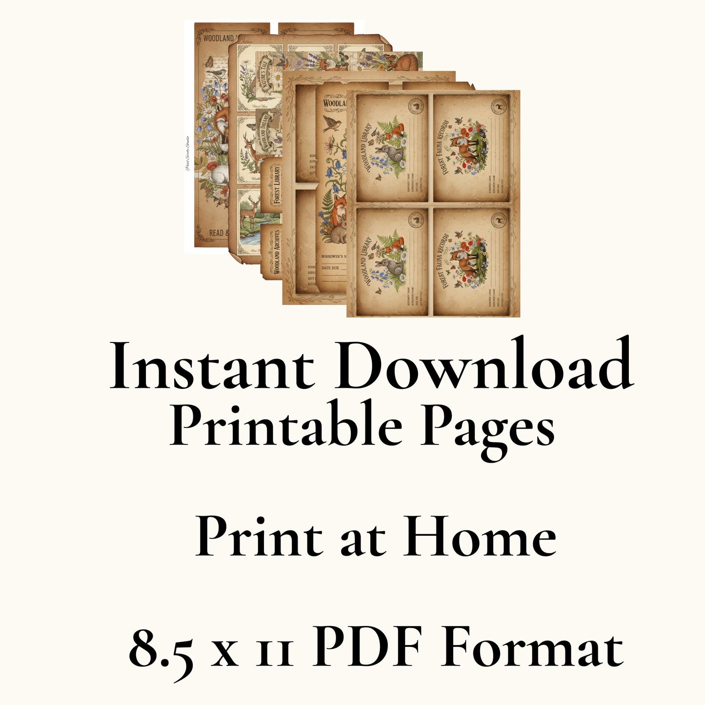 Woodland Journal Printable Kit | Vintage Forest Ephemera Set | Junk Journal Cards Tags Bookmarks Library Cards