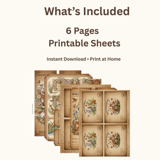 Woodland Journal Printable Kit | Vintage Forest Ephemera Set | Junk Journal Cards Tags Bookmarks Library Cards