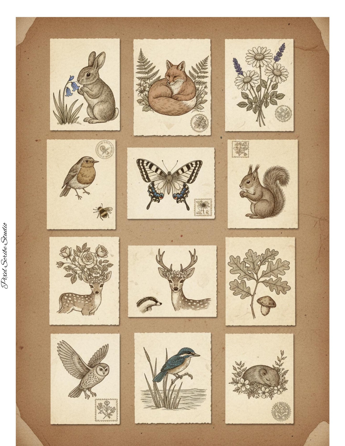 Woodland Wonders Printable Kit | Vintage Forest Journal Ephemera | Bookmarks Cards Tickets Tags