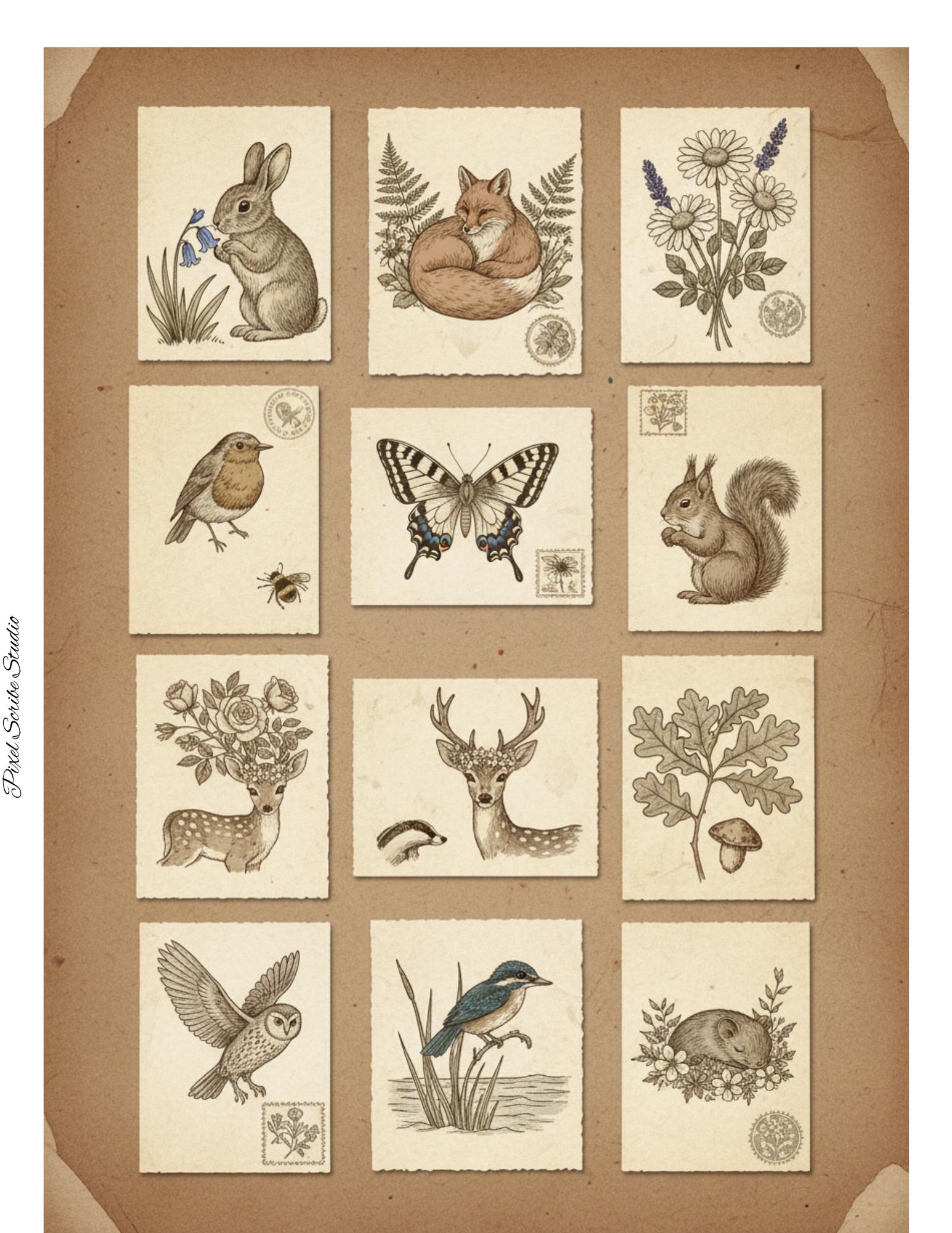 Woodland Wonders Printable Kit | Vintage Forest Journal Ephemera | Bookmarks Cards Tickets Tags