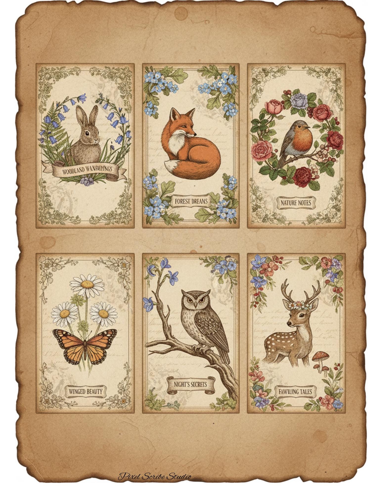 Woodland Wonders Printable Kit | Vintage Forest Journal Ephemera | Bookmarks Cards Tickets Tags
