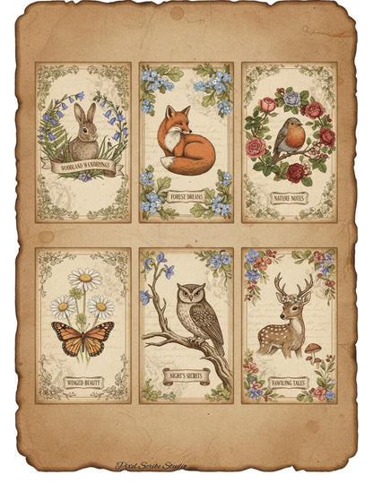 Woodland Wonders Printable Kit | Vintage Forest Journal Ephemera | Bookmarks Cards Tickets Tags