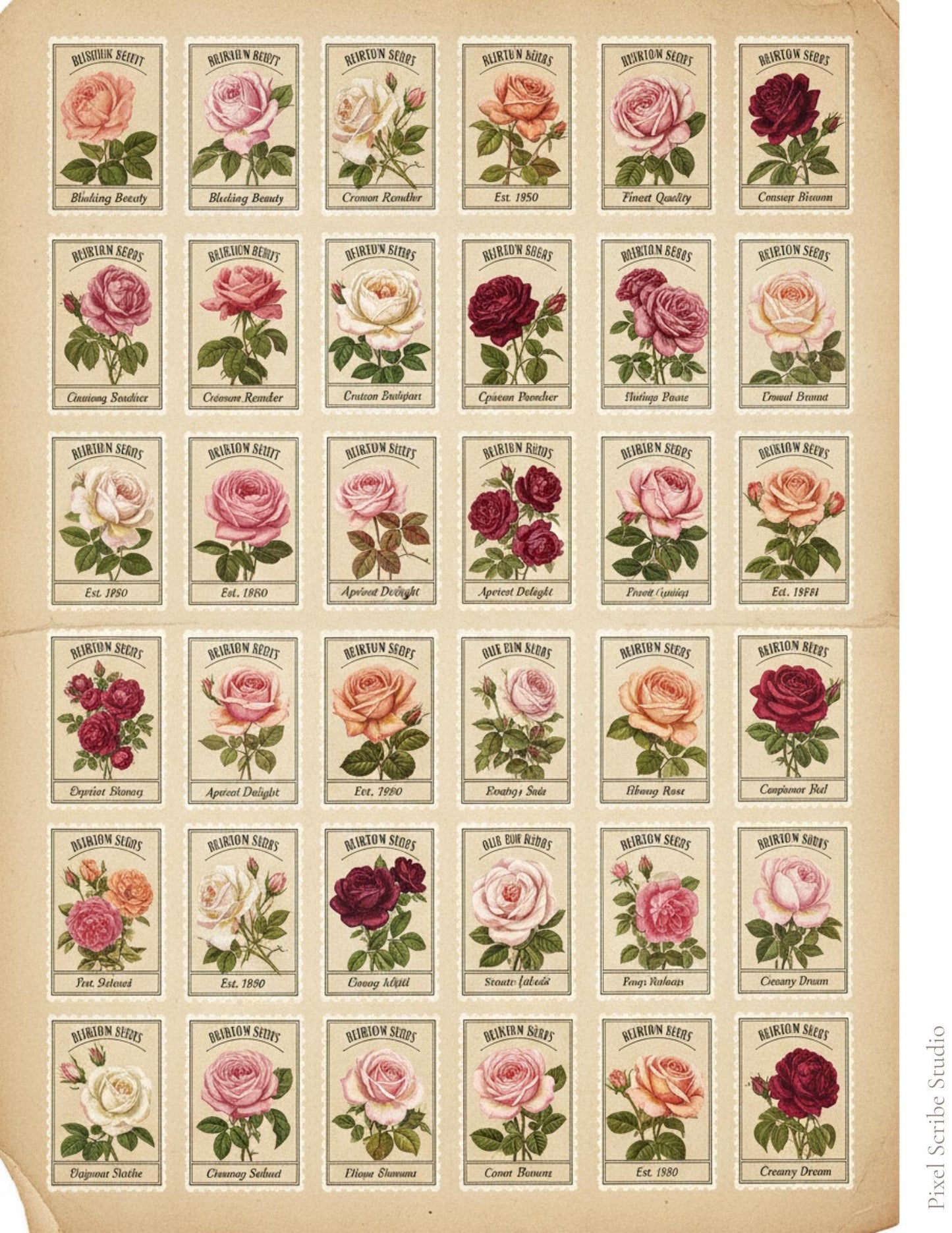 Victorian Rose Seed Packets Printable, 7 Page Junk Journal Kit, 60+ Vintage Floral Ephemera