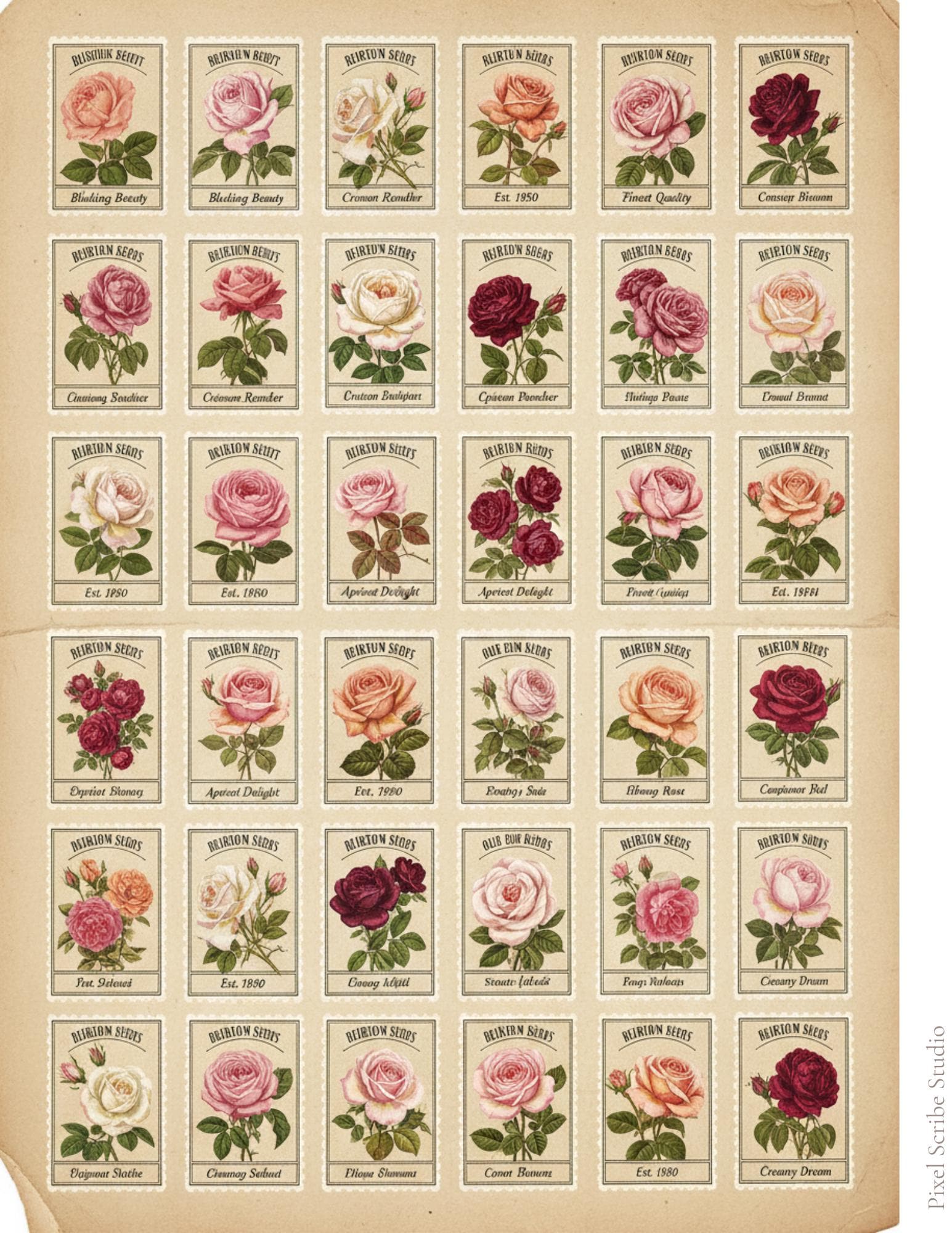 Victorian Rose Seed Packets Printable, 7 Page Junk Journal Kit, 60+ Vintage Floral Ephemera