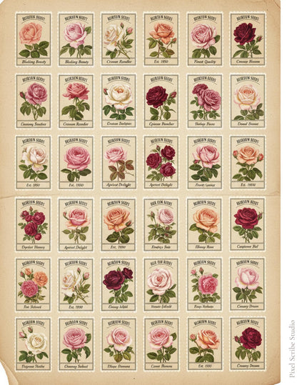 Victorian Rose Seed Packets Printable, 7 Page Junk Journal Kit, 60+ Vintage Floral Ephemera