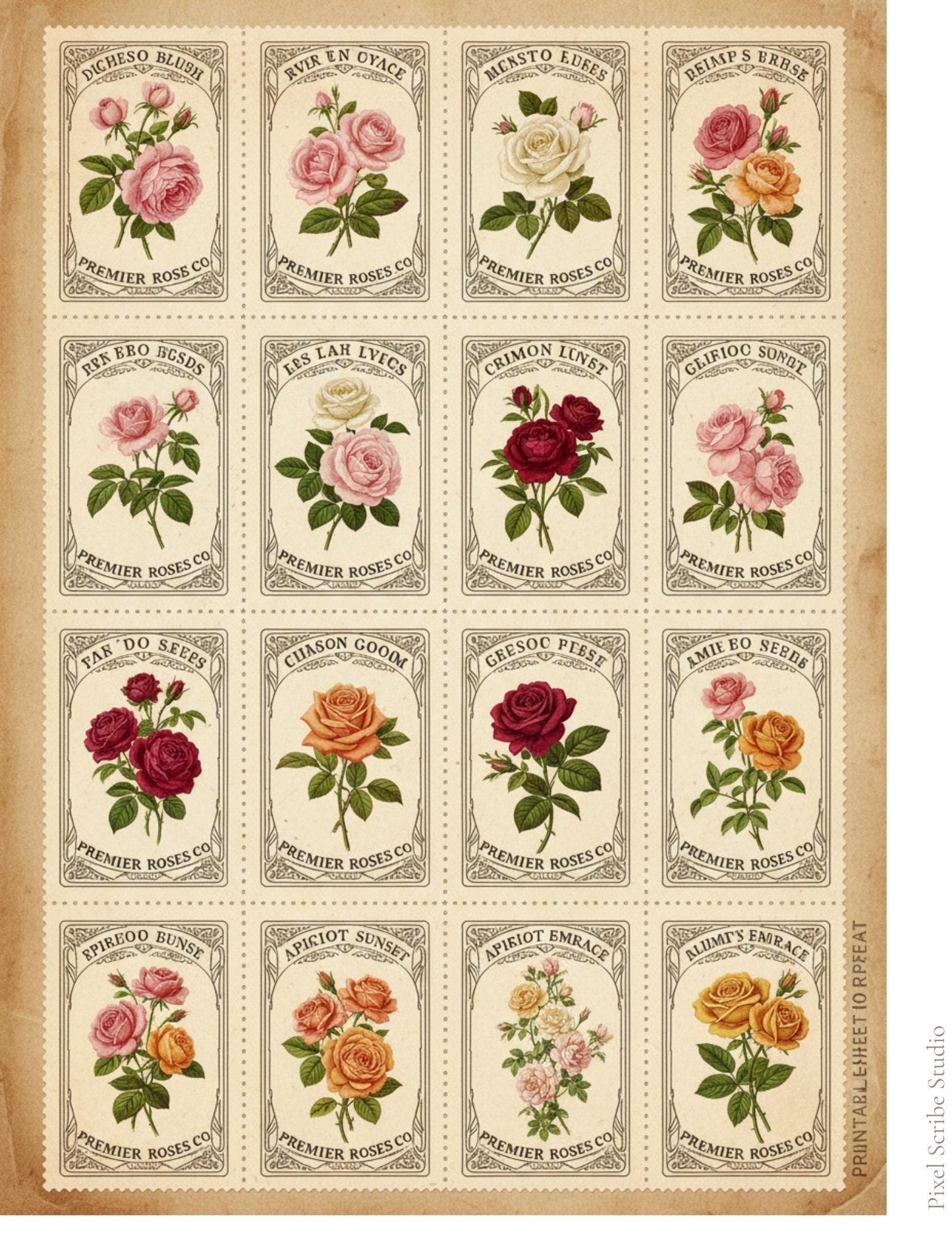 Victorian Rose Seed Packets Printable, 7 Page Junk Journal Kit, 60+ Vintage Floral Ephemera