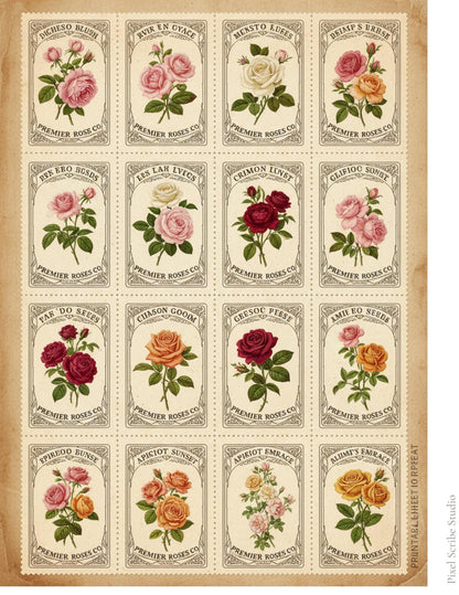 Victorian Rose Seed Packets Printable, 7 Page Junk Journal Kit, 60+ Vintage Floral Ephemera