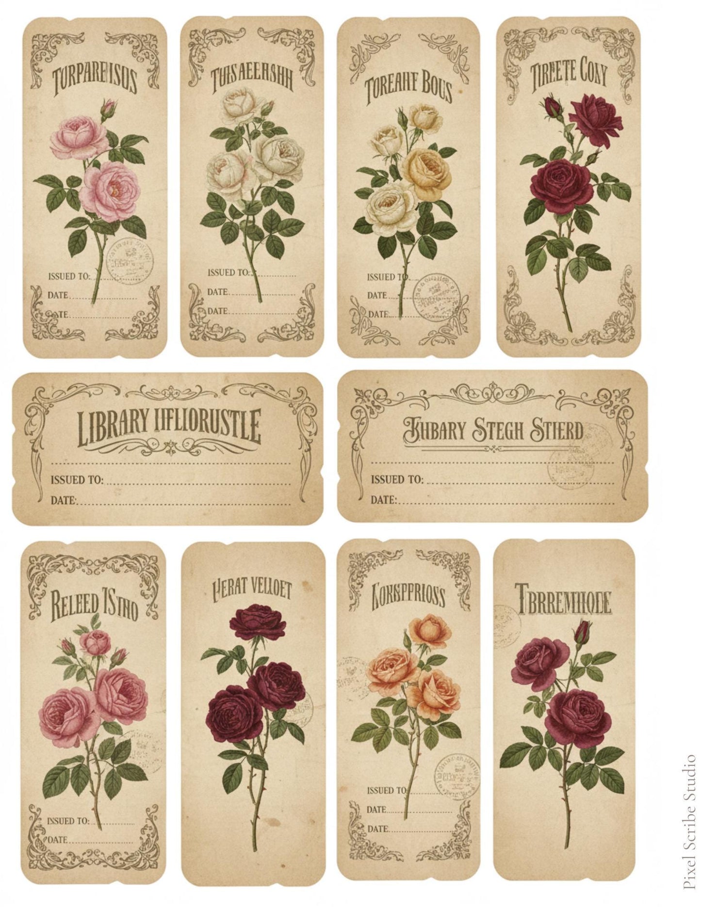 Vintage Rose Labels Printable, Victorian Floral Tags, Junk Journal Labels, Botanical Ephemera Strips