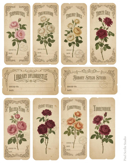 Vintage Rose Labels Printable, Victorian Floral Tags, Junk Journal Labels, Botanical Ephemera Strips