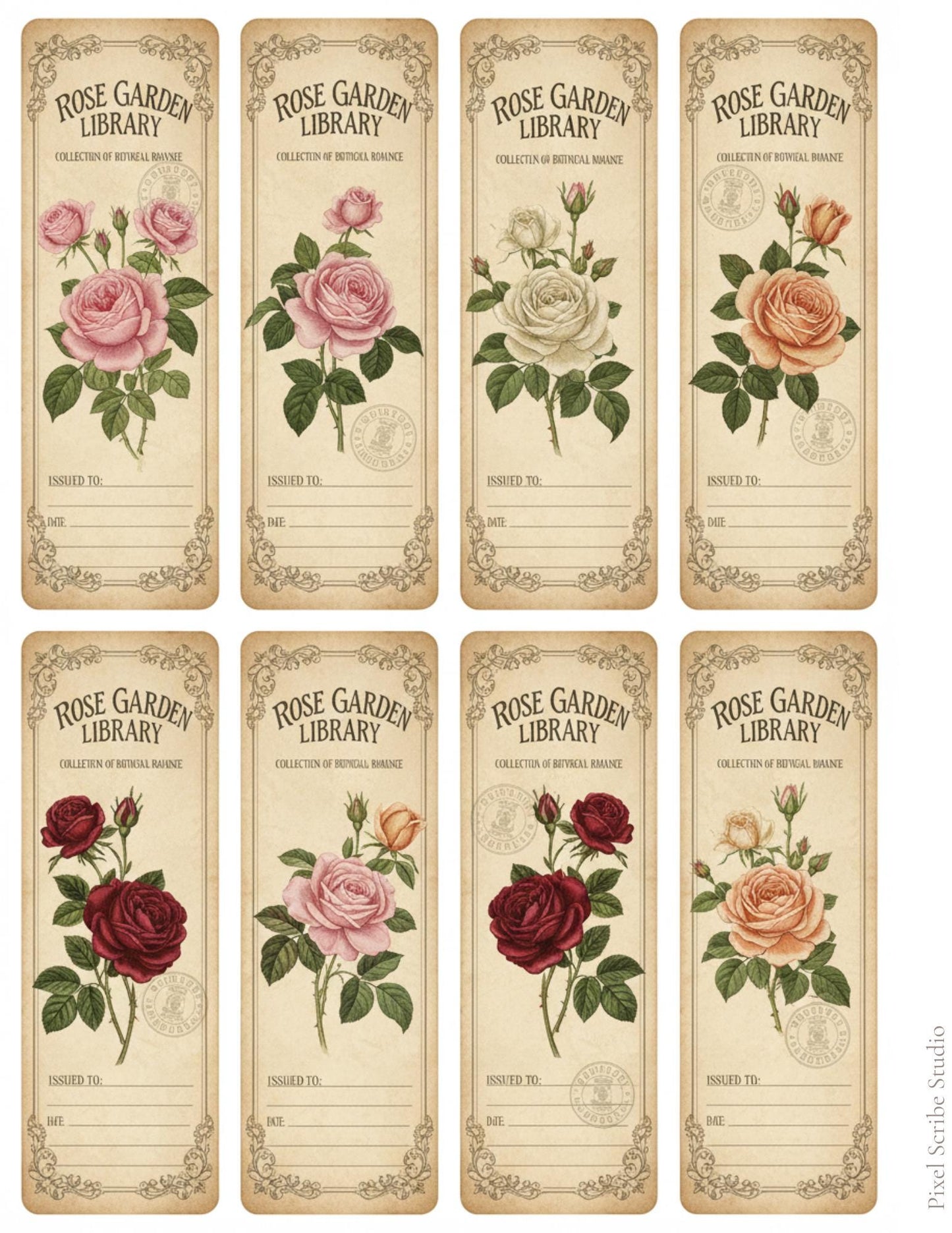 Vintage Rose Labels Printable, Victorian Floral Tags, Junk Journal Labels, Botanical Ephemera Strips
