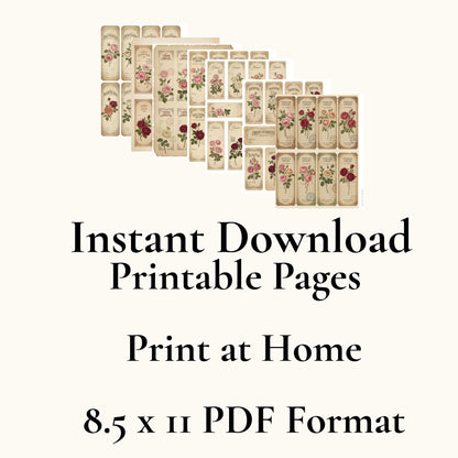 Vintage Rose Labels Printable, Victorian Floral Tags, Junk Journal Labels, Botanical Ephemera Strips