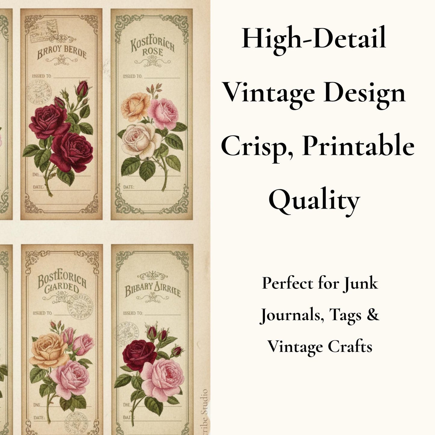 Vintage Rose Labels Printable, Victorian Floral Tags, Junk Journal Labels, Botanical Ephemera Strips