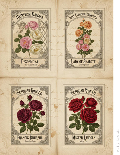 Vintage Rose Journal Cards Printable, Victorian Floral Ephemera, Botanical Junk Journal Cards, Printable Collage Cards