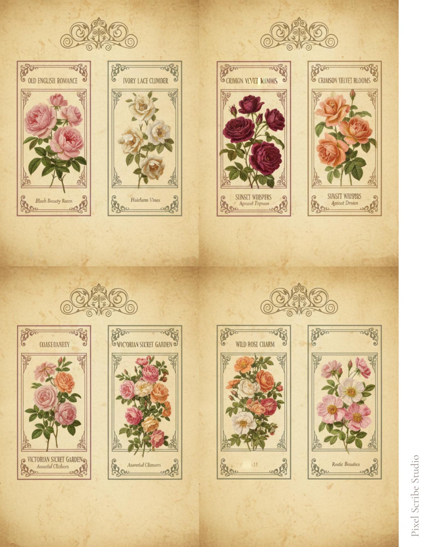 Vintage Rose Journal Cards Printable, Victorian Floral Ephemera, Botanical Junk Journal Cards, Printable Collage Cards