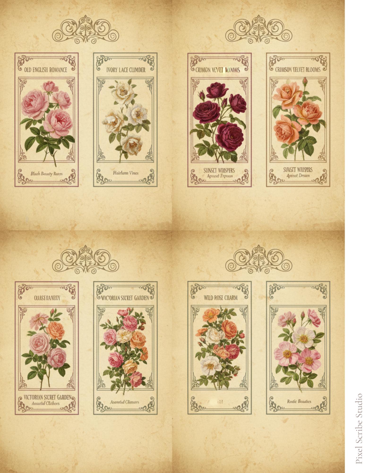 Vintage Rose Journal Cards Printable, Victorian Floral Ephemera, Botanical Junk Journal Cards, Printable Collage Cards