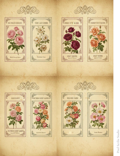 Vintage Rose Journal Cards Printable, Victorian Floral Ephemera, Botanical Junk Journal Cards, Printable Collage Cards