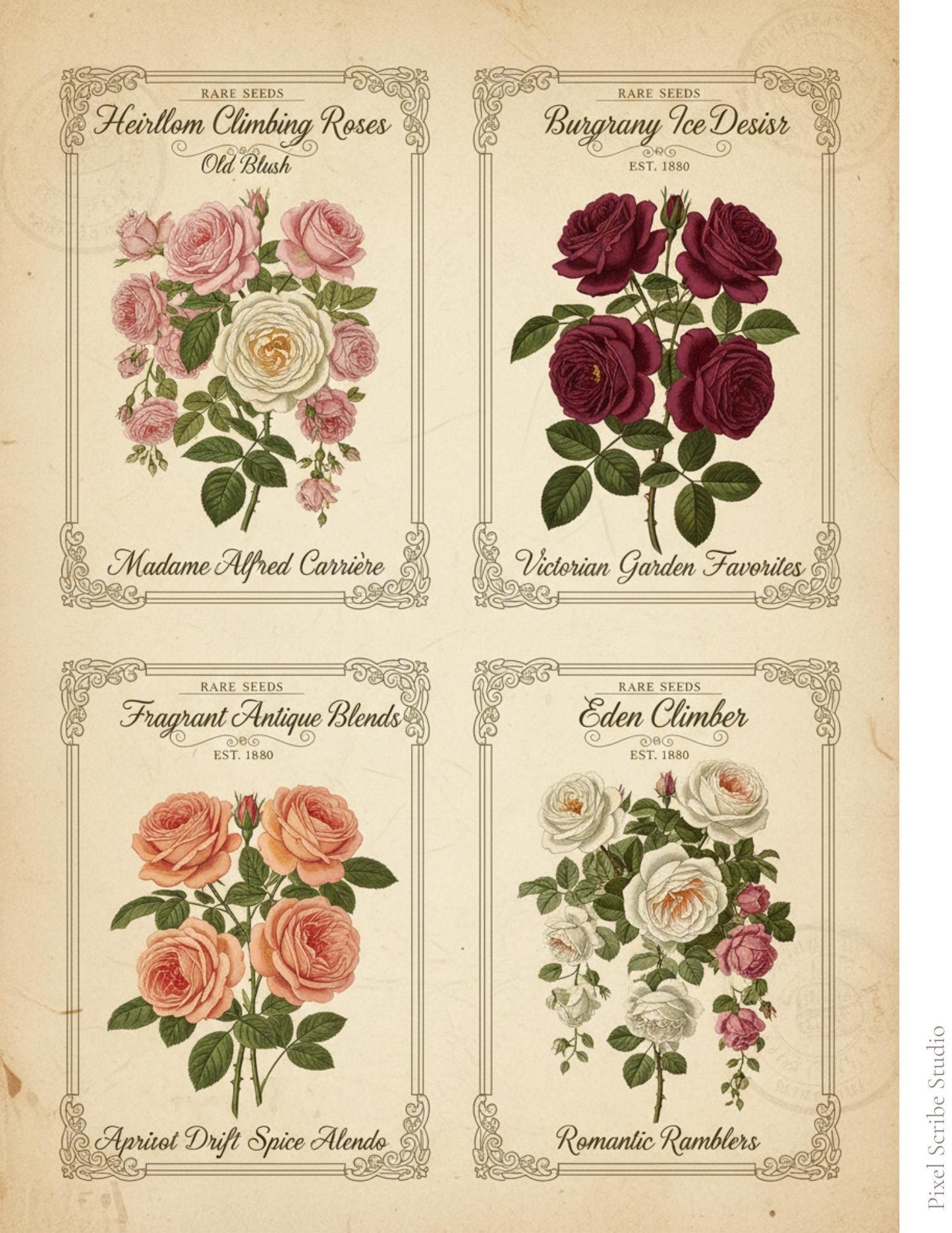 Vintage Rose Journal Cards Printable, Victorian Floral Ephemera, Botanical Junk Journal Cards, Printable Collage Cards