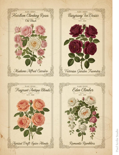 Vintage Rose Journal Cards Printable, Victorian Floral Ephemera, Botanical Junk Journal Cards, Printable Collage Cards